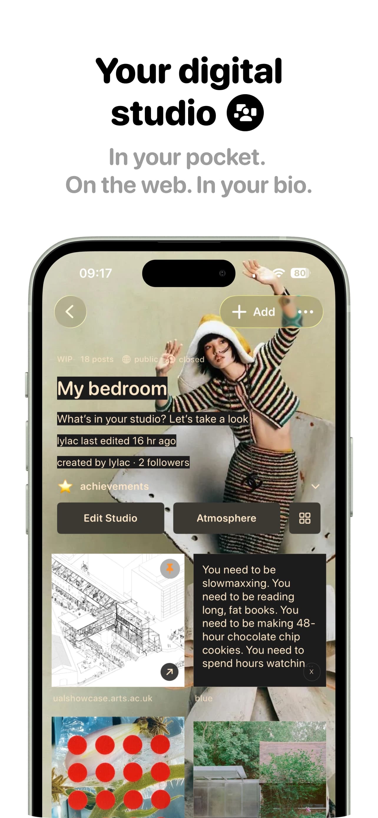 Promotional slide reading A home for creatives with a Lylac profile shown on a phone.
