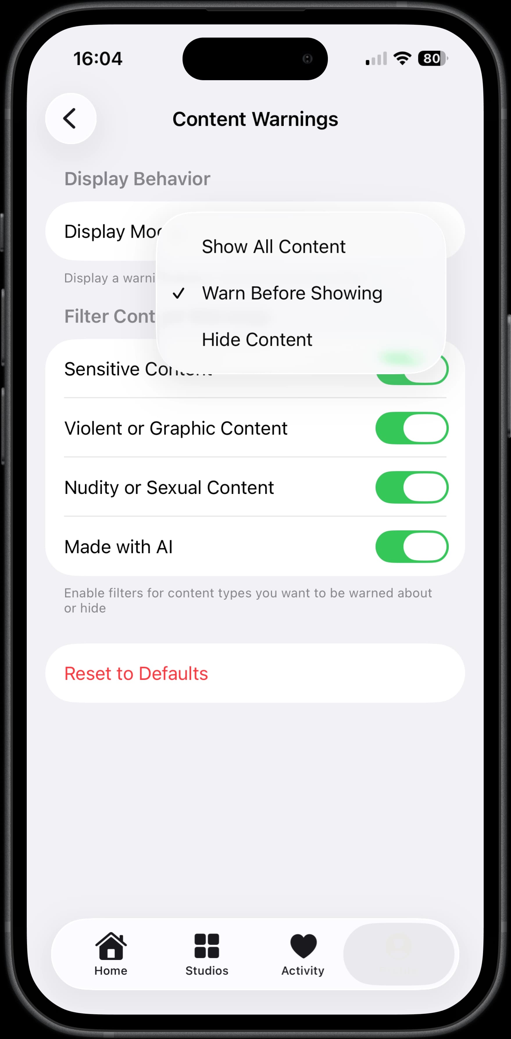 Content warnings settings for filtering sensitive content