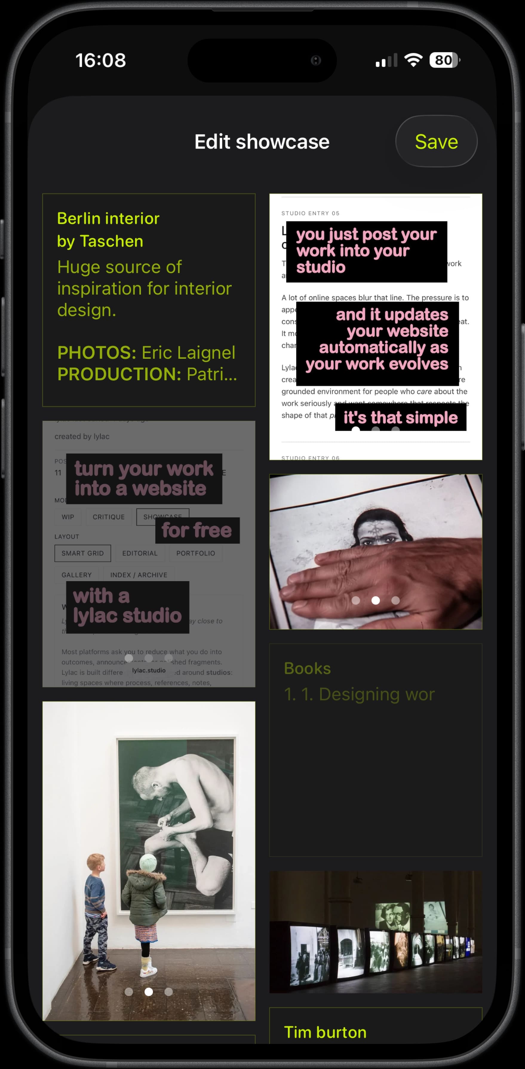 Studio edit interface for highlighting specific posts and customizing showcase mode