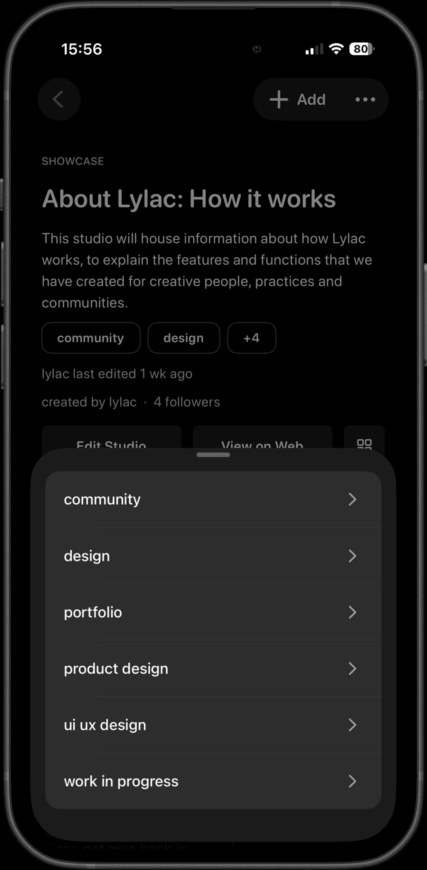 Studio page showing tags used to organize and discover work