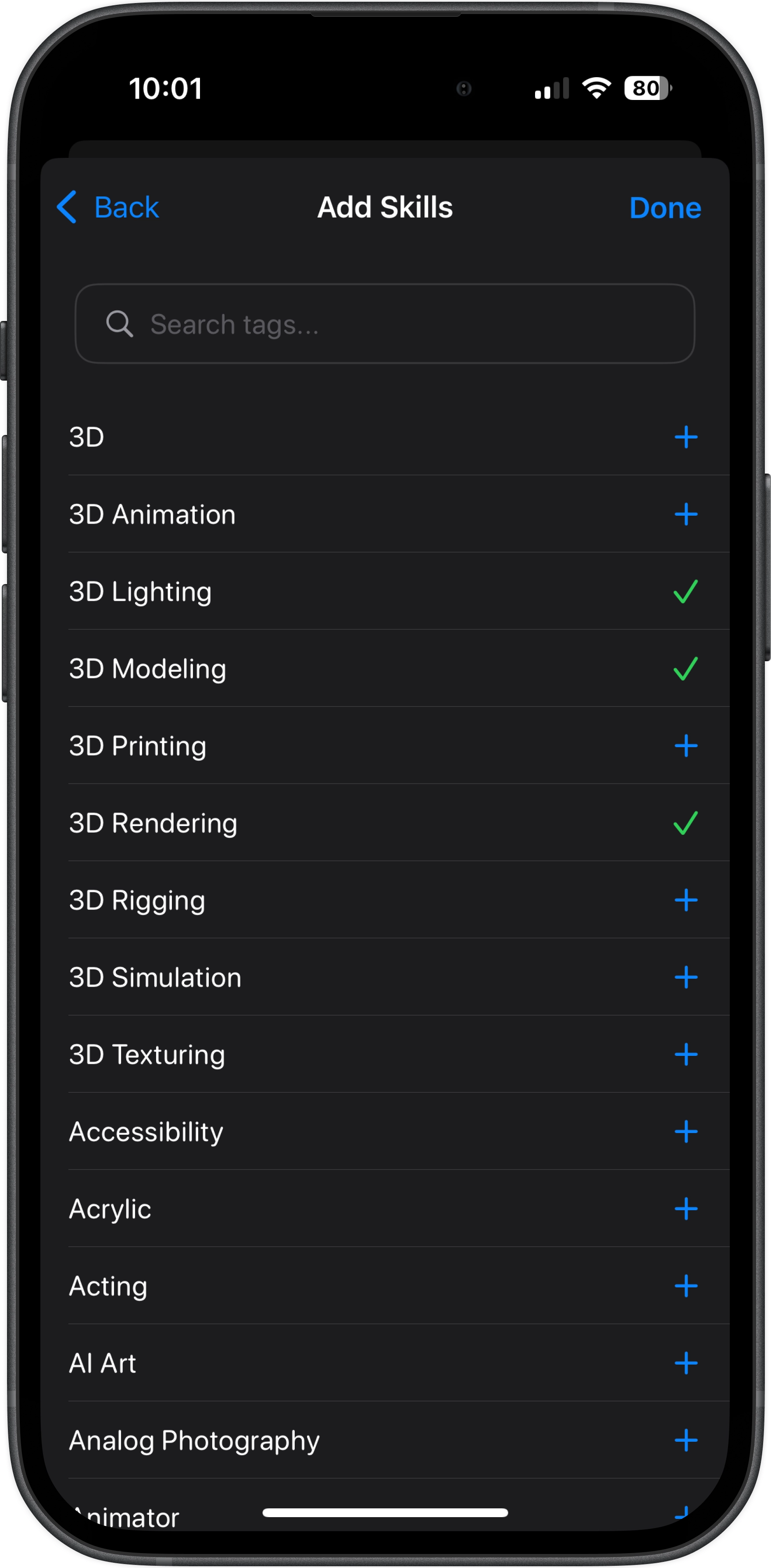 Profile page showing how to add creative skills to your profile