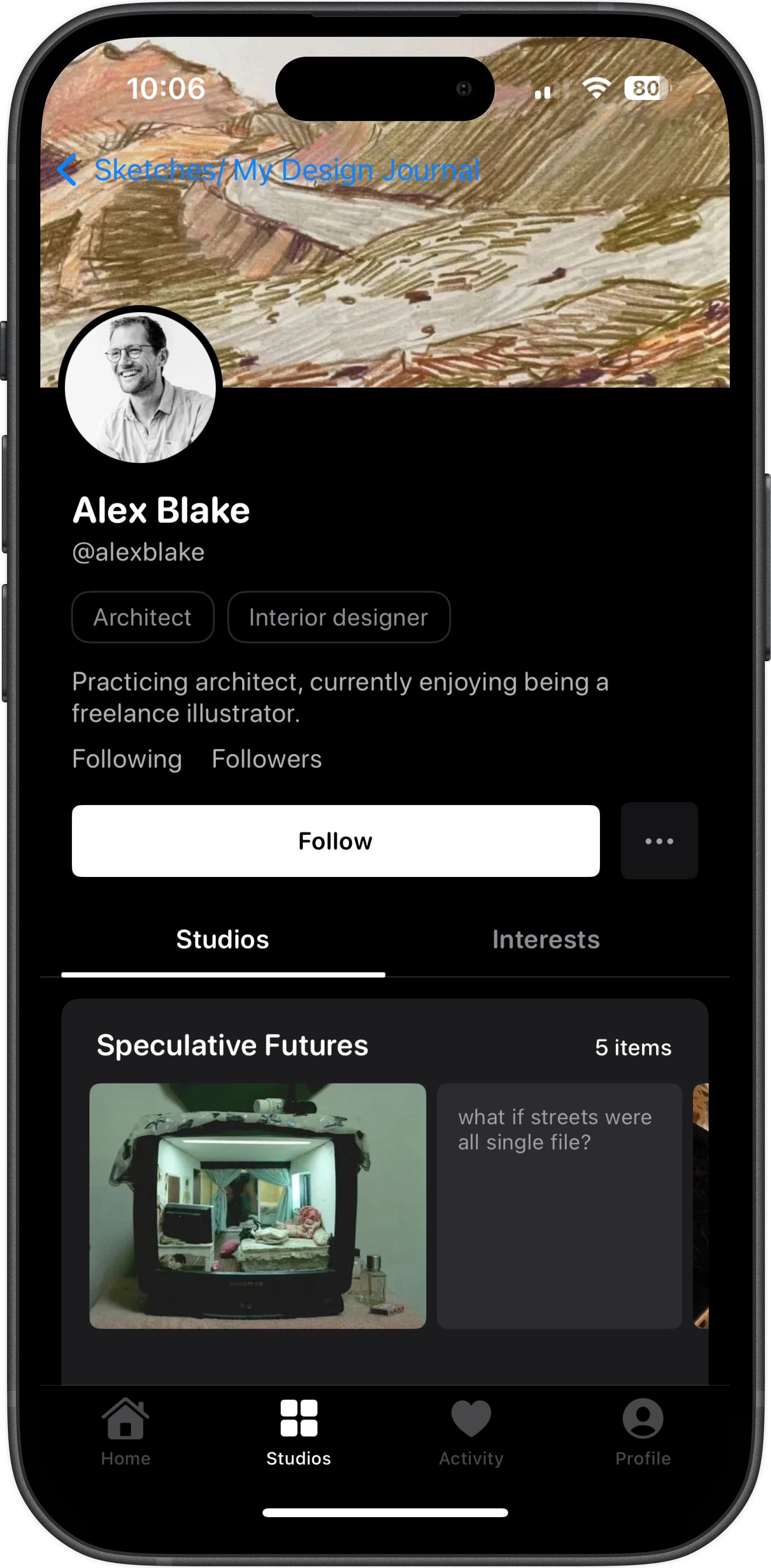 Alex Blake profile showing a styled profile with custom background