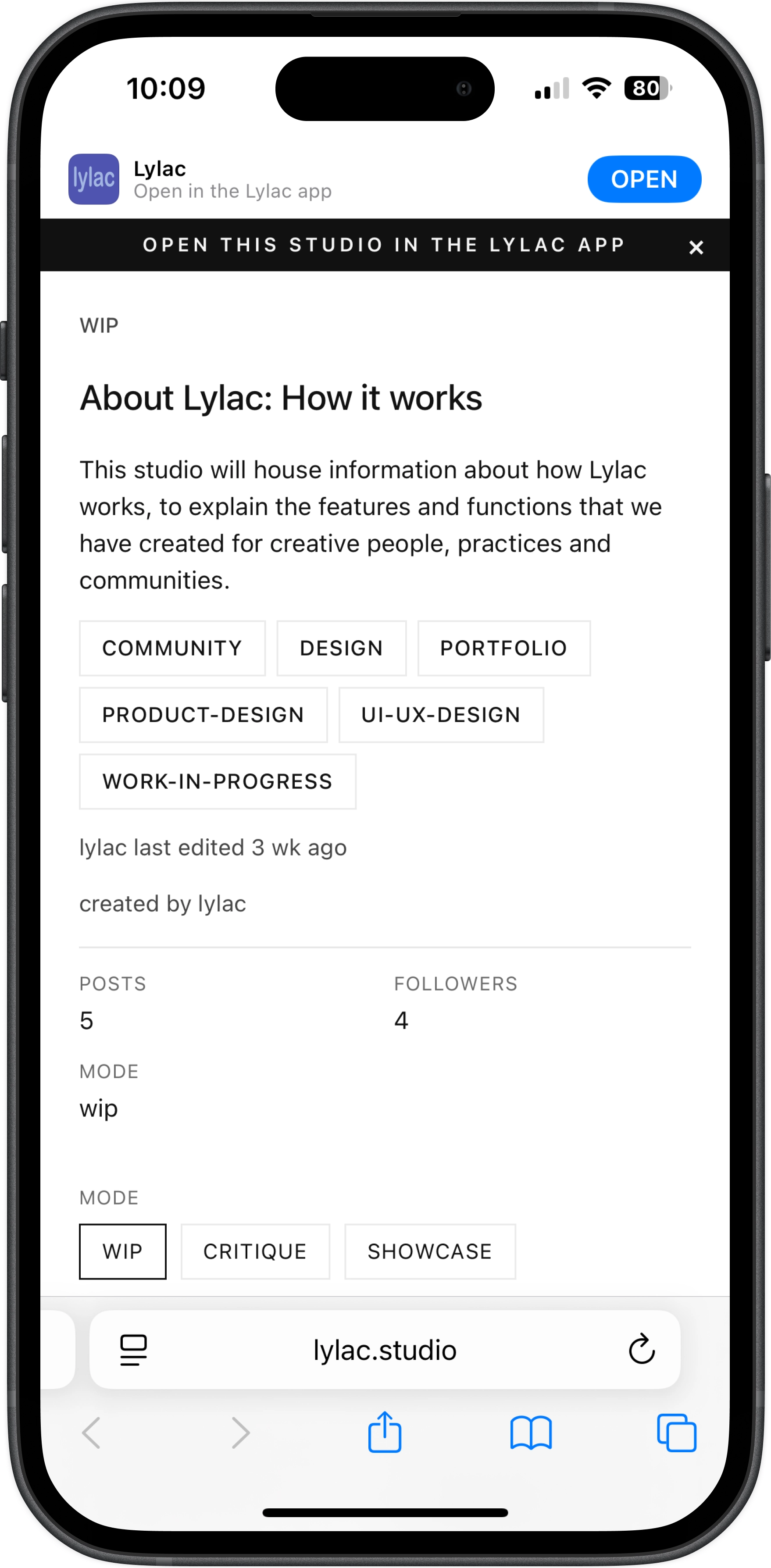 Studio viewed in web browser showing how studios work as shareable portfolio pages