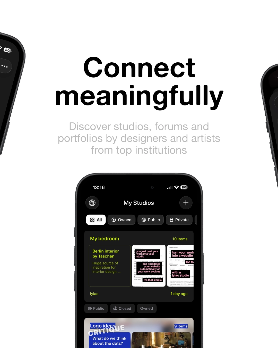 Promotional slide reading Connect meaningfully above the Lylac studios feed.