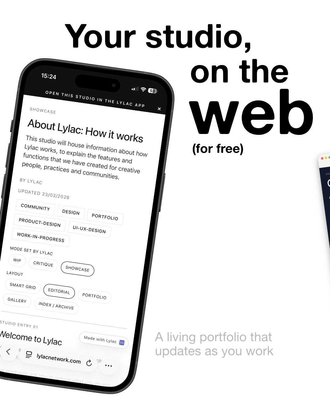 Promotional slide showing a Lylac studio opened in a mobile web browser.