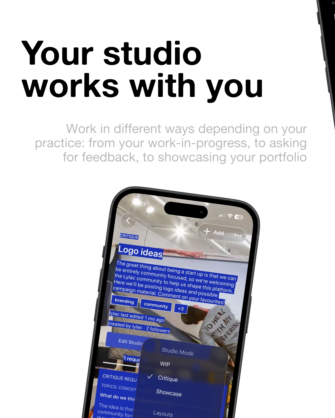 Promotional slide showing studio mode options inside the Lylac app.